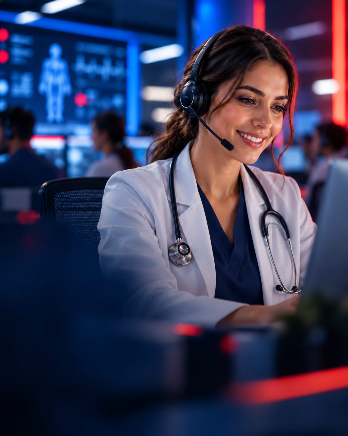 Médica con diadema atendiendo desde su computadora